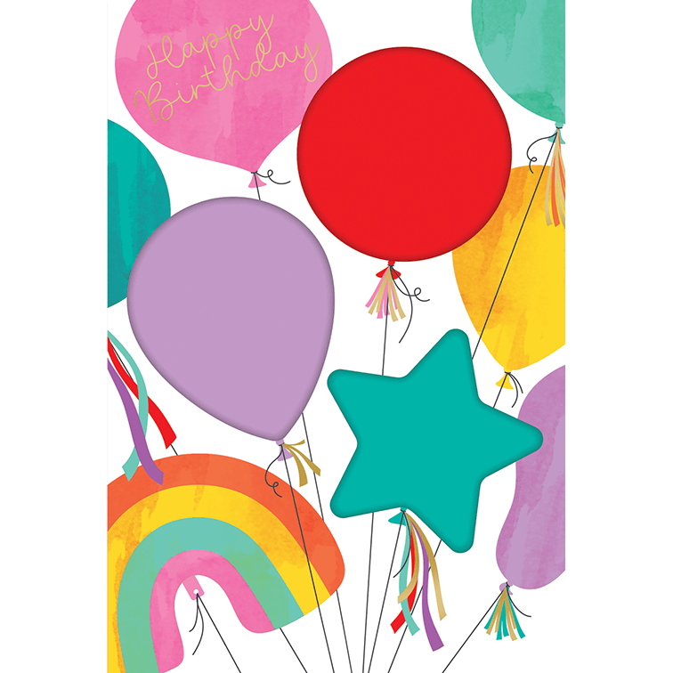 Colorful birthday balloons and confetti on Pictura's birthday card, perfect for celebrating with cheerful, festive designs.